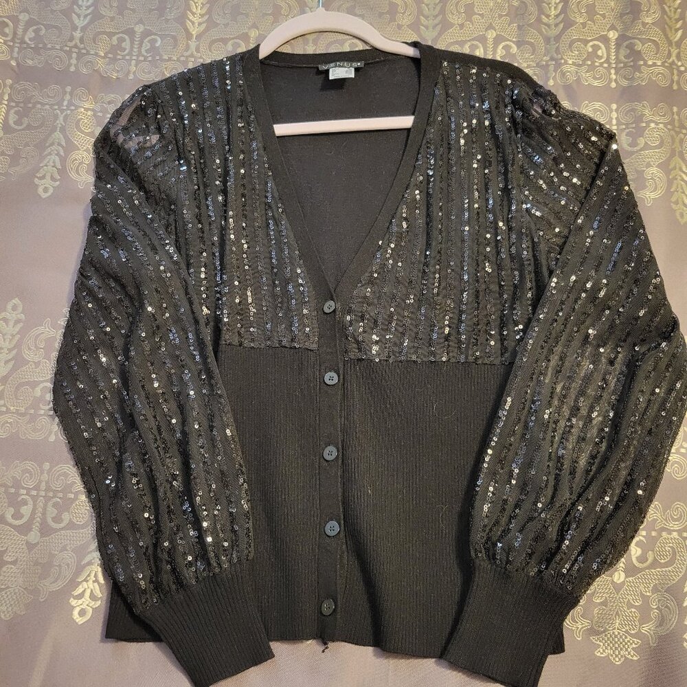 Black Sweater Blouse w/ Sequin Sleeves 10-12